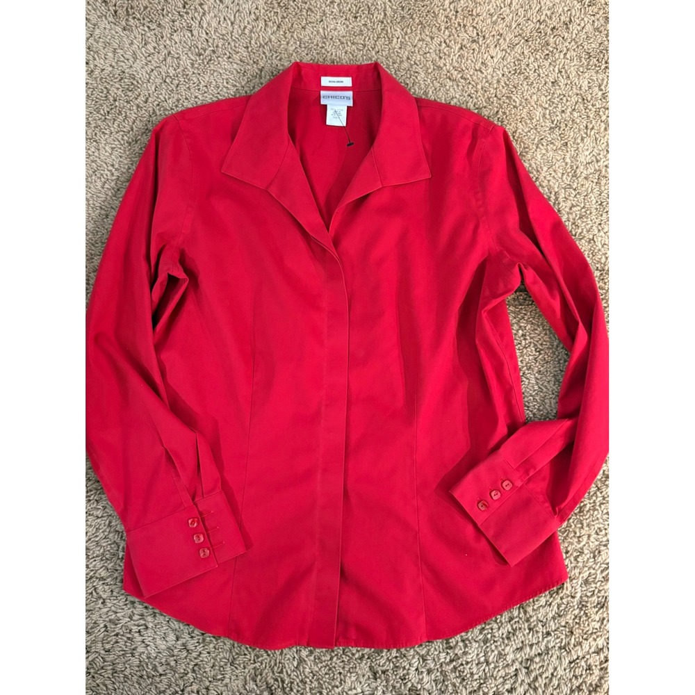 Chicos Non-Iron Red Holiday Button Down Shirt Womens Size 2 Lg 100% Cotton Top